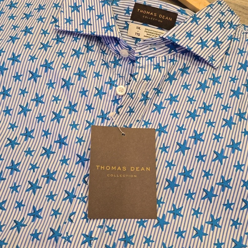 Thomas Dean Mens Button Front short sleeve, blue stars & stripe Shirt XXL - Picture 4 of 5
